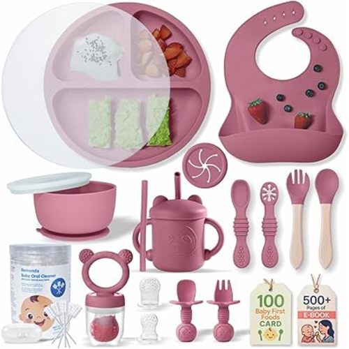 Remonda 23-Piece BPA-Free Silicone Baby Feeding Set | Extra Large Suction Plates, Toddler Bowls, Self Feeding Spoons, and More | Dishwasher Safe| Baby Led Weaning Supplies (Red) A1