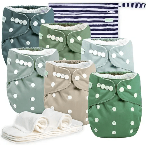 wegreeco Cloth Diapers 6 Pack with 6 Inserts & 1 Wet Bag, Washable Cloth Diapers for Babies, One Size Adjustable Reusable (Morandi Green)