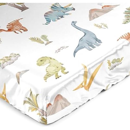 Sweet Jojo Designs Watercolor Dinosaur Dino Boy Baby Satin Fitted Crib Sheet Infant Newborn Nursery Toddler Bed Room Standard Mattress Green Slate Blue White Modern Jurassic Nature Animal Steel Tan