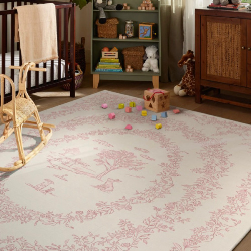 Bashful Bunny Toile Pink Rug | Ruggable US