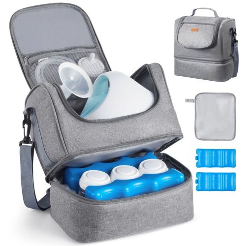 VEVOR Breast Pump Bag, Breast Feeding Bag with Ice Pack, Fits for S1/S2, Pumping Accessories & Breastmilk Storage, Portable Pump Carrying Case, Grey