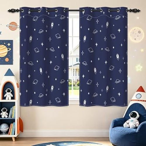 Navy Blue Kids Space Blackout Curtains, Rocket Planet White Sketch Patterned Room Darkening Window Drapes, Grommet 2 Panels Set Privacy Curtains 42x63 Inch for Boys Girls Bedroom Nursery