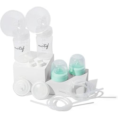 Motif Medical Luna Double Breast Pump Replacement Parts - Breast Pump Parts W/Bottles, Nipples, Tubing, Valves, Breast Shields (24mm), Diaphragms, Connectors & More - Safe Easy-to-Use Breast Pump Kit