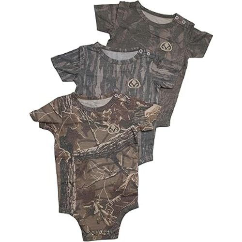Realtree Vintage Camo Baby One Piece, Infant Short Sleeve Bodysuit, Ultra Soft Tri-Blend Outfit, 3-Pack