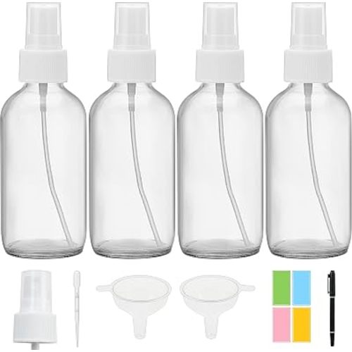Clear Glass Spray Bottles 4 oz, Small, Fine Mist, 4 Pack