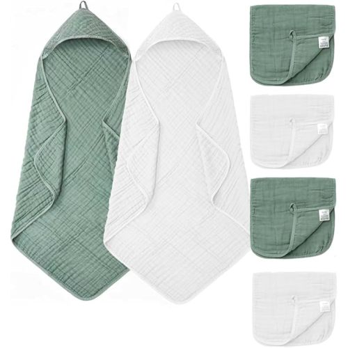 6 PCS Baby Towels and Washcloths Set, 2 PCS Baby Hooded Towels & 4 PCS Washcloths Set, Ultra Soft & Highly Absorbent Bath Bath Towel for Newborn, Infant & Toddler