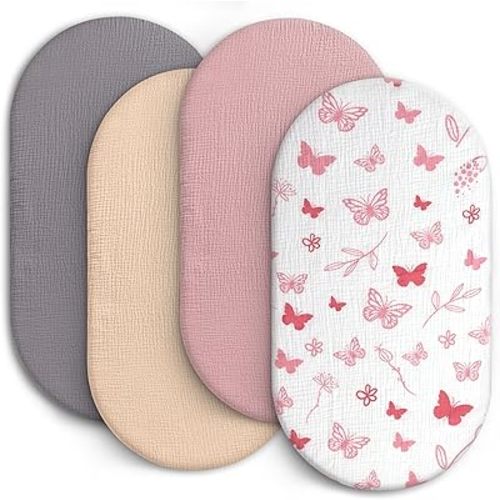 100% Muslin Baby Bassinet Sheets for Baby Boy Girls,4-Pack Fitted Bassinet Sheets Set Compatible with Halo Bassinest Swivel Sleeper,Baby Delight,Angelbliss,32"X16" (Pink Butterfly)