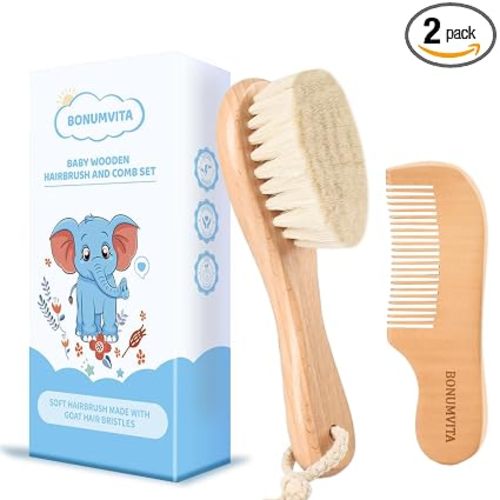 Baby Hair Brush and Comb Set with Soft Goat Bristle