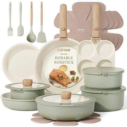 CAROTE 25pcs Pots and Pans Set Non Stick, Cookware Sets, Kitchen Set, Oven/Dishwasher/Fridge Safe, Space Saving Pots Set, Nonstick Set with Versatile Detachable Handle, Induction RV Set, Green