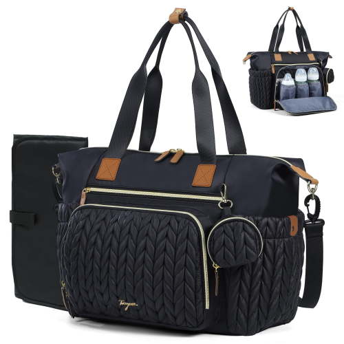 Diaper Bag Tote, Large Diaper Bags Waterproof, Hospital Bag for Labor Delivery, Baby Bag with Pacifier Case, Travel Diaper Tote with Changing Pad, Black