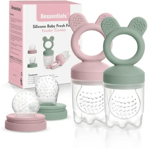 Bessentials Baby Fresh Fruit Food Feeder - 2 Pack Silicone Baby Mesh Feeders for Infant Safe Self Feeding |3 Sizes Food Pouches Included| Suitable for Baby 4m+ (Light Pink & Grass Green)