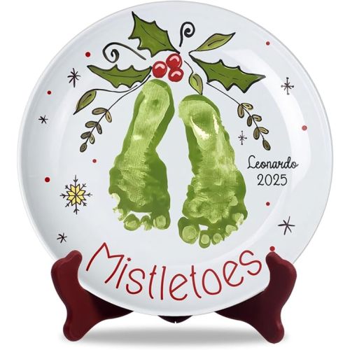 Mistletoes DIY My Baby's First Christmas Ceramic Novelty Plates Gifts for Babies, Handprint Footprint Crafts, Project Memory Keepsake Milestone, Merry Christmas Holiday Decor 8'', Toddler Craft