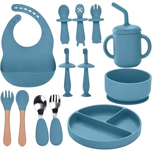 Silicone Feeding Set, 13PCS Baby Feeding Essentials with Suction Bowl & Plate, Spoons & Forks, Bib & Cup, Toothbrush, Baby Led Weaning Supplies for 6+ Months, Eating Essentials (Blue)