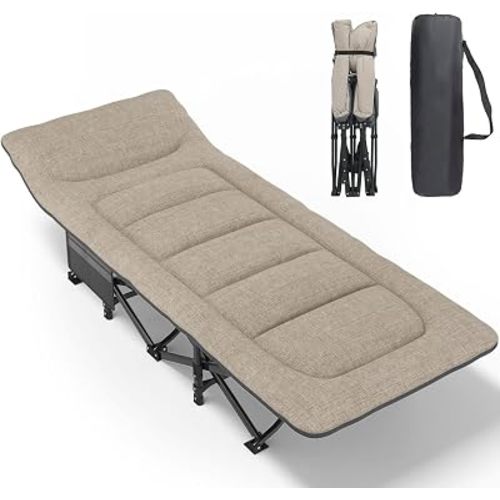 ATORPOK Camping Cot for Adults with Cushion and Pillow, Portable Folding Bed for Sleeping, Lightweight Tent cot with Carry Bag Supports 450 lbs (Khaki)