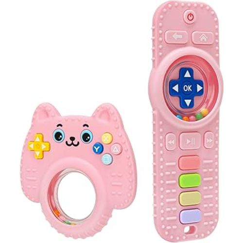 2 Pack Baby Rattles Teething Toy for Babies 3-6 Months, Teething Relief for Infant 6-24 Months, Silicone Teethers TV Remote Boys and Girls Sensory Toy