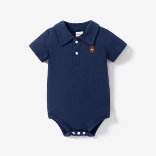 PatPat Baby Boy/Girl Clothes Cotton Bear Embroidered Polo Collar Bodysuit Blue 6-9 Months
