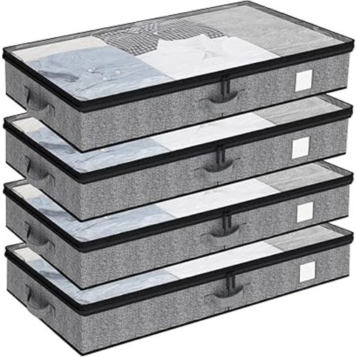 Fixwal Under Bed Storage Containers 4 Pack, Reinforced Underbed Organizer Below 4.5 Inches Low Profile Clothes Storage Bins with Sturdy Sidewalls and Bottom