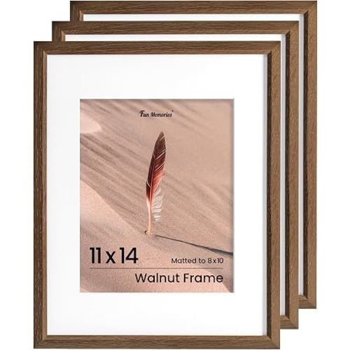 Fun Memories 11x14 Oak Picture Frame for Wall, 11x14 Frame with Matted to 8x10, Solid Wood Poster Frames for Wall Art Photo and Prints (Walnut, 3 Pack)