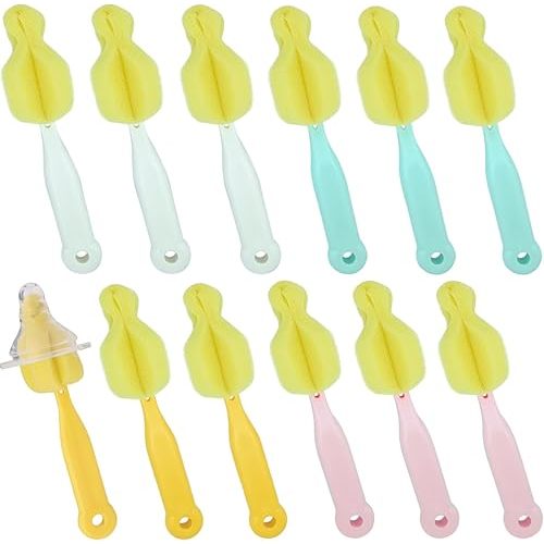 Sponge Bottle Brush 12 PCS Sponge Nipple Brushes Baby Bottle Nipple Cleaning Brush Long Handle Baby Milk Bottle Brush (12PCS)