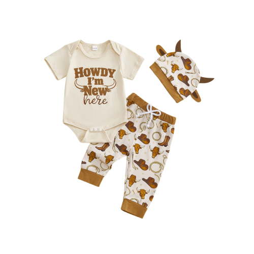 BemeyourBBs I'm New Here Baby Boys Western Cowboy Hat Outfits Coming Home Outfit Boots Cattle Head Print Short Sleeve Romper Pants Set Hat Spring Summer Clothes