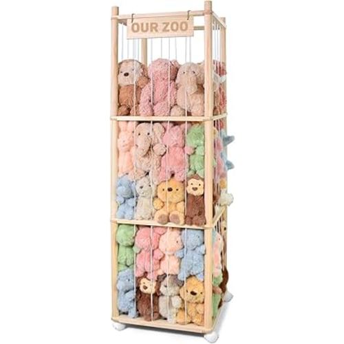 Stuffed Animal Storage, Wooden Cute Zoo Toy Holder with Brake Wheels, Space Save Toy Organizer, Large Capacity Stuffed Animal Holder, Perfect for Nursery Playroom Kidroom Bedroom-54 Inch