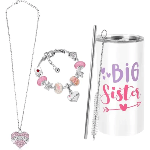 3 Pcs Big Sister Gift Set: 12 oz Pink Stainless Steel Insulated Tumbler with Leak Proof Lid & Straw, Heart Bracelet & Pendant for Little Girl