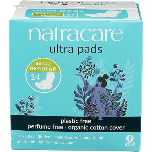 Natracare Slim Fitting Ultra Pads with Wings, Regular, Made with Certified Organic Cotton, Ecologically Certified Cellulose Pulp and Plant Starch (1 Pack, 14 Pads Total)…