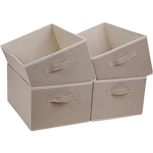 BOMKEE Collapsible Sorage Bins, Storage Cubes Baskets Collapsible Fabric Storage Boxes with Handles for Home and Office (Set of 4, Beige, 15.4 x 11.4 x 7.91inch)