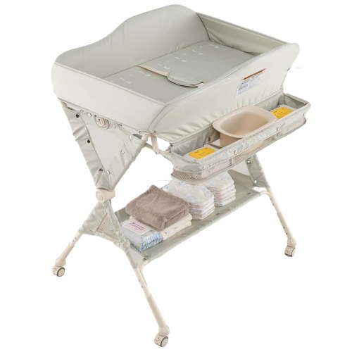 INFANS Baby Changing Table with Wheels, Portable Folding Diaper Station Nursery Organizer with Storage Basket, Hanging Rack, Adjustable Height, Safety Belt for Newborn Infant