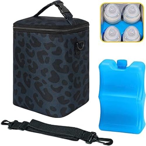 Breastmilk Cooler Bag with Ice Pack Fits 4 Bottles Up To 9 Ounce Insulated Breast Milk Cooler on the Go with Strap Baby Bottle Cooler Bag for Nursing Mom Daycare or Travel
