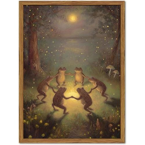 Vintage Framed Whimsical Frog Wall Art, Funny Cottagecore Frogs Dancing in Moonlight Forest Wall Decor Paintings, Dark Academia Animal Pictures Canvas Prints for Living Room Bedroom Nursery 12x16 inch