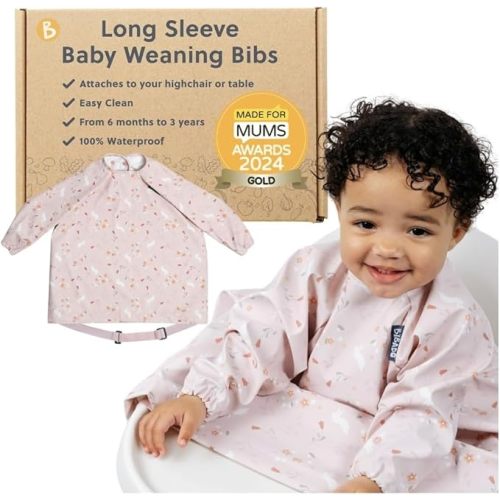 BIBaDO - Long Sleeve Baby Bibs - Babies & Toddlers 6-36 Months - Coverall Baby Led Weaning Bib - Easy Wipe, Soft & Waterproof