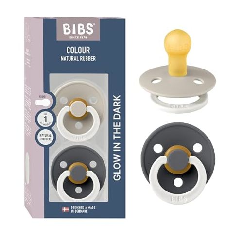 BIBS Colour Night Glow in The Dark Soother 2-Pack, BPA Free Dummy Pacifier, Round Nipple. Natural Rubber Latex, Size 1 (0-6 Months), Sand Glow/Iron Glow