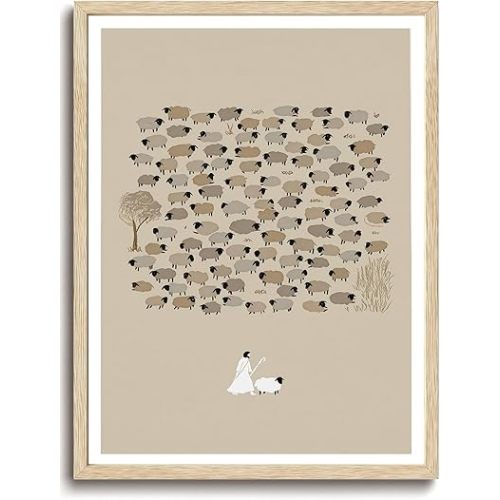 KISSFOX Jesus Leaves the 99 Sheep OAK Wood Framed Wall Art Christian Inspirational Canvas Art Prints Modern Scripture Pictures Wall Decor Sketch Faith Art Paintings Posters For Bedroom Living Room