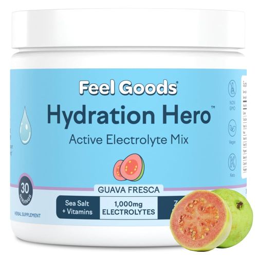 Feel Goods Hydration Hero, 1,000mg Electrolytes Powder, Sugar Free, Magnesium, Organic Aloe Vera, Organic Aloe, L Theanine, Vitamin C & B12, Non GMO, Keto, Vegan | Guava Fresca, 30 Servings