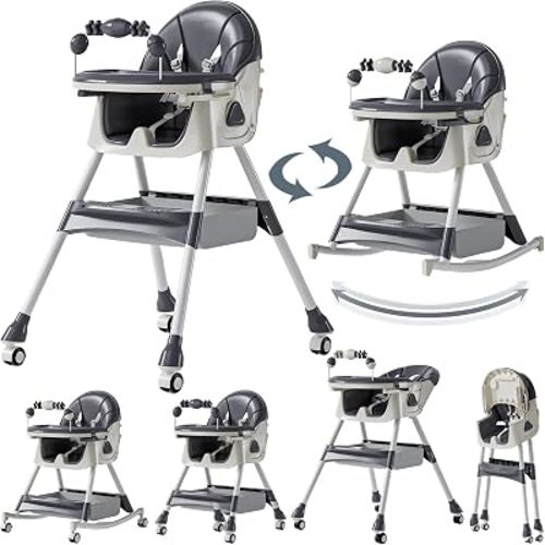 Magic ZC PU Leather Baby High Chair with Rocking Mode, High Chair for Babies and Toddlers, Detachable Dining Plate, Foldable Convenient Storage Without Taking up Space (560 Grey)