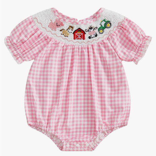 FIOMVA Toddler Baby Girl Clothes Summer Smocked Bubble Romper Embroidery Onesie Short Sleeve Bodysuit Cute Outfits