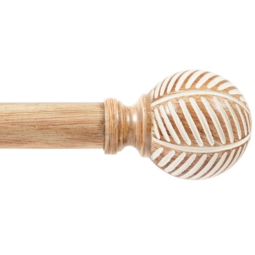 Zeerobee Wood Curtain Rods for Windows 32 to 72, 1 Inch Heavy Duty Drapery Rods with Imitation Wood Grain Leaf Pattern Finials, Indoor/Outdoor Modern Curtain Pole, 32"-72", Brown