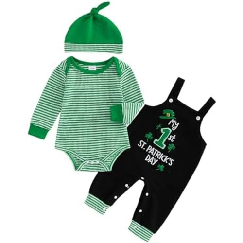 Baby Boy First St Patricks Day Outfit Striped Waffle Long Sleeve Romper Embroidery Overalls Pants Hat 3Pcs Sets