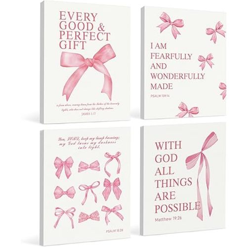 LARTSFRO Coquette Pink Bow Canvas Wall Art Decor Prints Posters, Pink Bow Room Bedroom Bathroom Dorm Wall Art Decor Aesthetic for College Teen Girls Gifts, Inspirational Bible Verses Bow Wall Decor, 11x14 Inch Set of 4 Pcs Bow Pictures (Canvas Framed 11X1