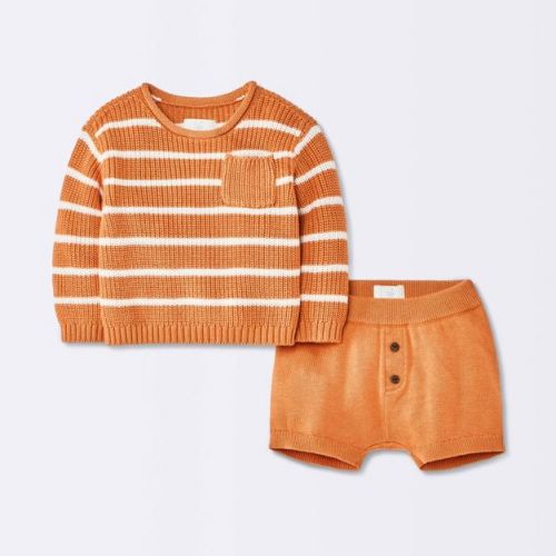 Baby Boys' Striped Pocket Sweater and Shorts Set - Cloud Island™ Orange Newborn