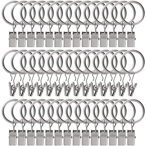 44 Pack Curtain Rings with Clips Hooks 1 inch Matte Silver Metal Stainless Steel Drapery Rings for Tension Rod Bracket Eyelets Decorative Hangers, (1" Interior Diameter)