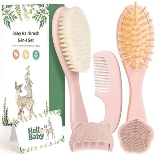 5 Piece Baby Hair Brush Set, Wooden Baby Brush and Comb Set with Natural Soft Goat Hair Bristles, Cradle Cap Brush, Baby Essentials Grooming Kit for Boy Girl