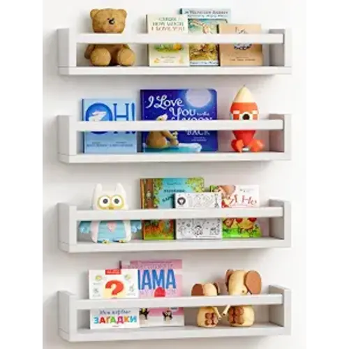 Forbena Floating Nursery Book Shelves for Wall Set of 4, Wall Bookshelf for Kids Room, White Wood Hanging Bookshelves Book Shelf for Baby Toddler Childrens Boy Girl Bedoom Toy and Decor Storage