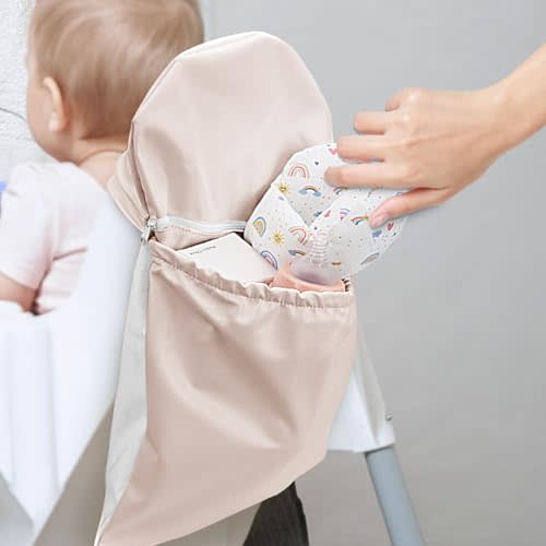 Blublu Park High Chair Back Pocket, Chairs Bag Compatible with Ikea High Chair with Wipeable Waterproof Material, One Large Storage Pouch with Internal Zipper Pocket for Baby (Beige)