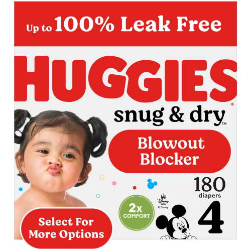 Huggies Snug & Dry Leakproof Baby Diapers, Size 4 (22-37 lbs), 180 Ct (Select for More)