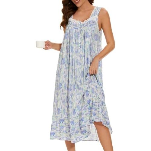 AVIIER Cotton Nightgowns for Women Sleeveless House Dress Ladies Long Nightdress with Pockets S-XXL
