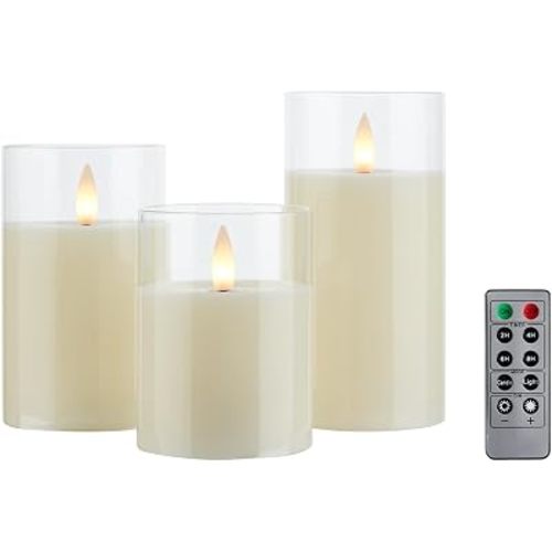 Glass Flameless Pillar Candles Flickering with Remote Timer, Battery Operated LED 3D Moving Flame Real Wax Candles,Remote Included (Ivorywhite)