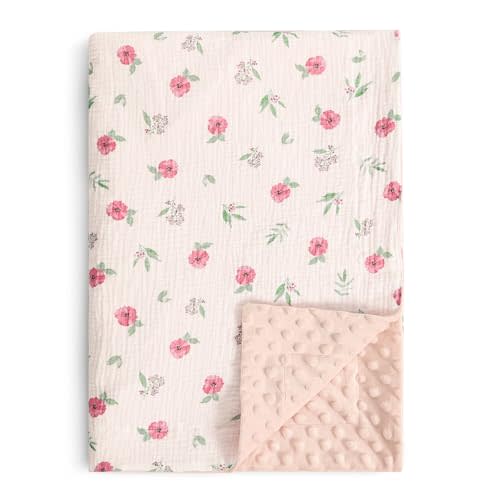 david's kids Muslin Minky Baby Blanket for Girls with Muslin Cotton Front and Dotted Fleece Backing, Breathable and Soft Lightweight Receiving Blanket for Newborns, 40x50 Inches, Pink Floral