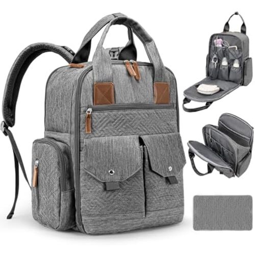 JSTPRO Diaper Bag Backpack - Large Diaper Bag with Portable Changing Pad as Baby Shower Gifts, Lightweight Waterproof Unisex Travel Baby Bag with 4 Insulated Pockets and Stroller Buckles, Dark Grey